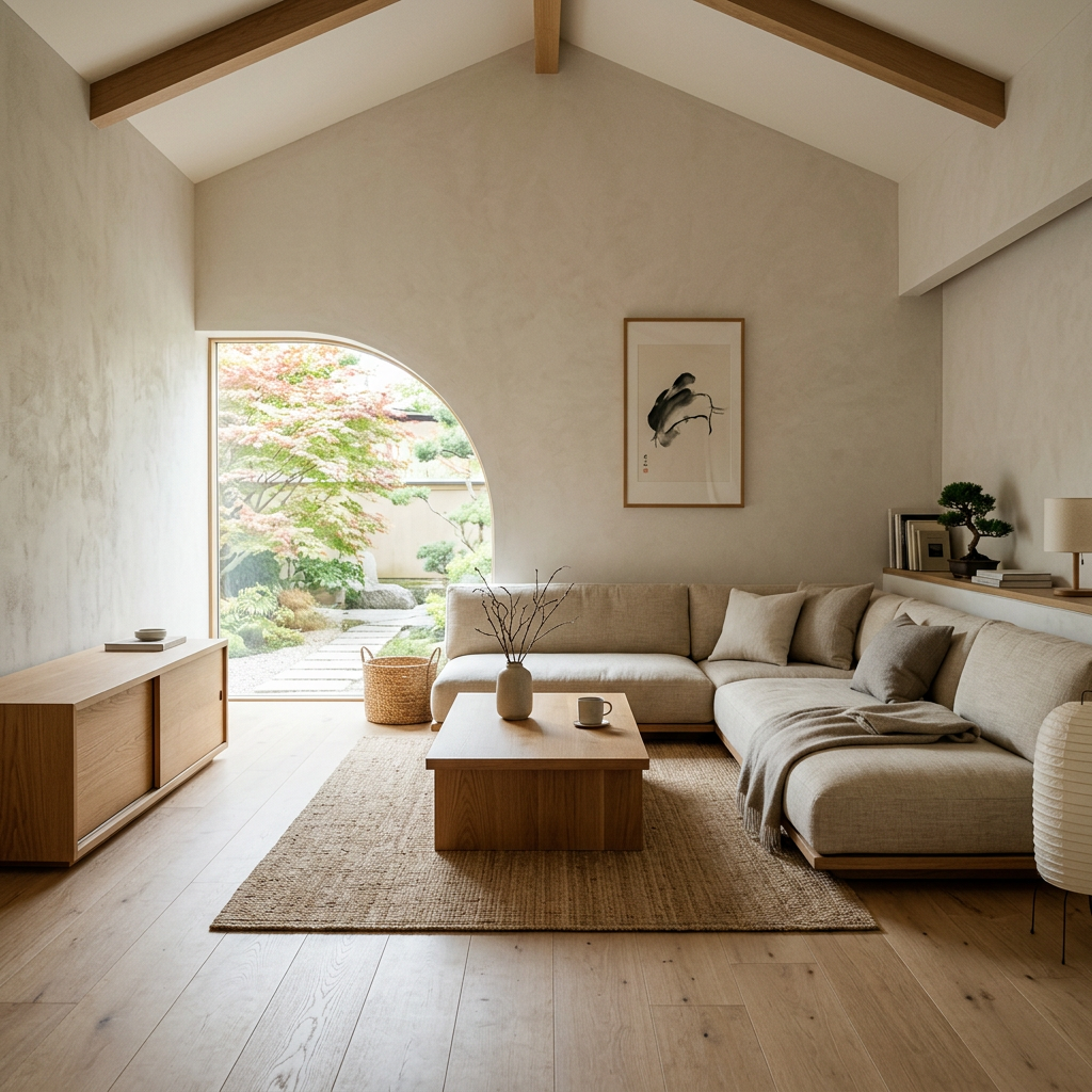 Japandi living room with a low sofa, low coffee table and horizontal media console — japandi style living room proportions
