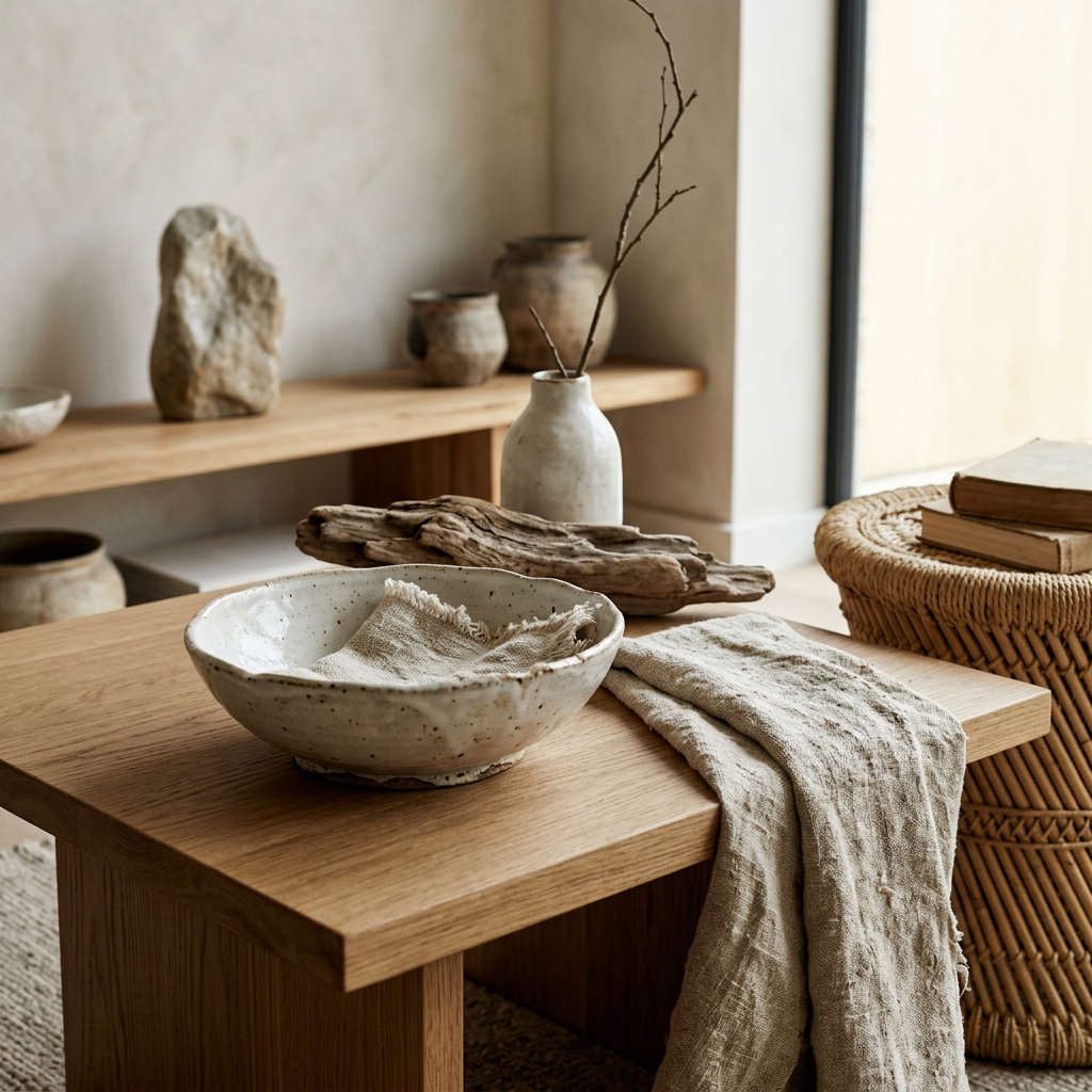Hand-thrown ceramics, slubbed linen and found objects in a Japandi living room — wabi-sabi natural materials