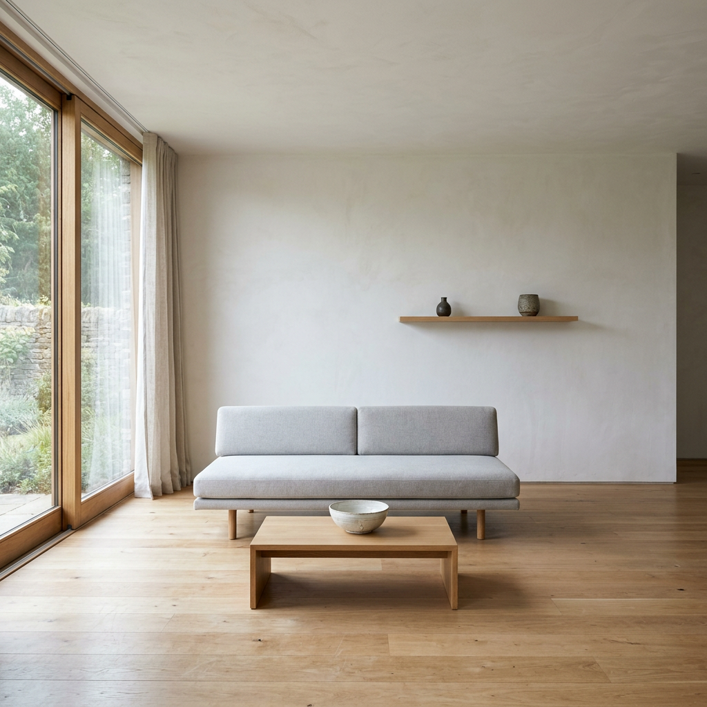 Japandi living room with empty wall space, clear floors and a single styled object — negative space as design