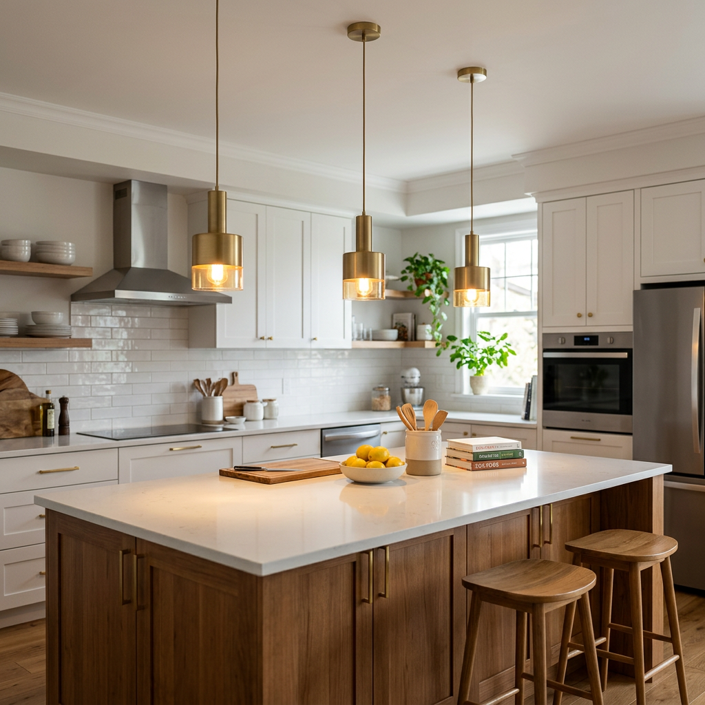 Two matching pendant lights hung at the right height above a kitchen island — kitchen island lighting