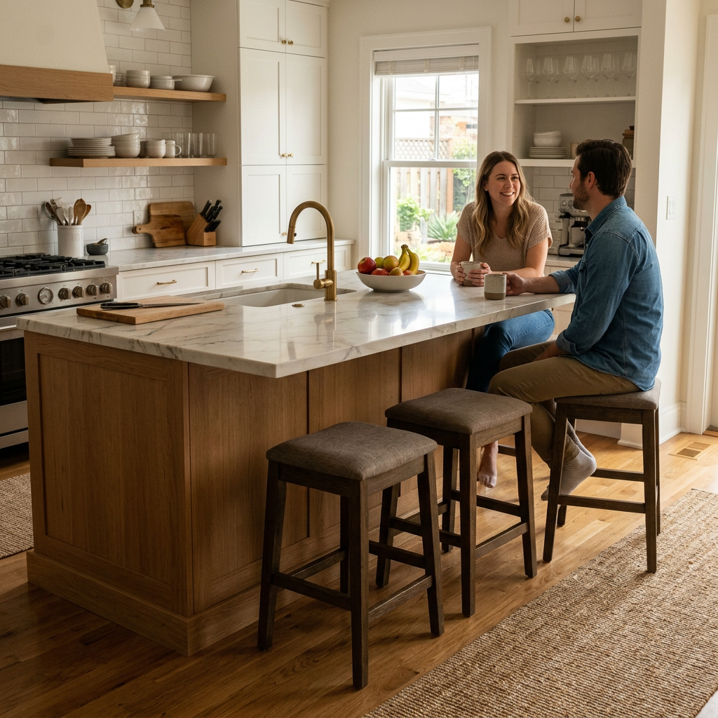 Kitchen island with backless stools tucked neatly under a deep countertop overhang — kitchen island with seating