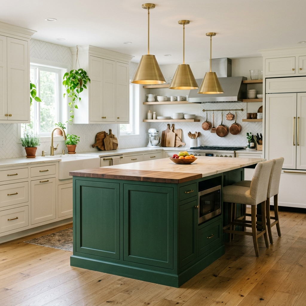 Deep forest green kitchen island against warm white perimeter cabinetry — contrasting kitchen island decor ideas