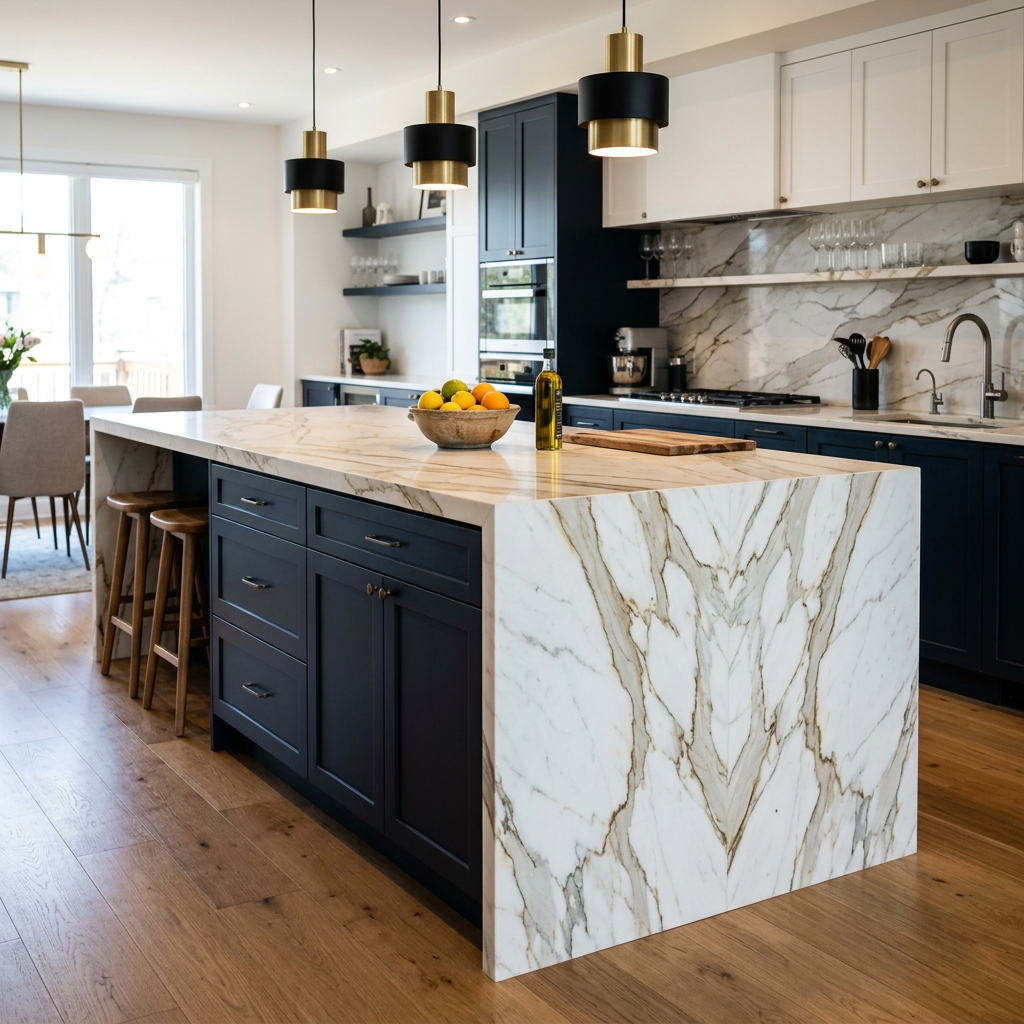 Kitchen island with a waterfall stone countertop running down the sides to the floor — kitchen island design ideas