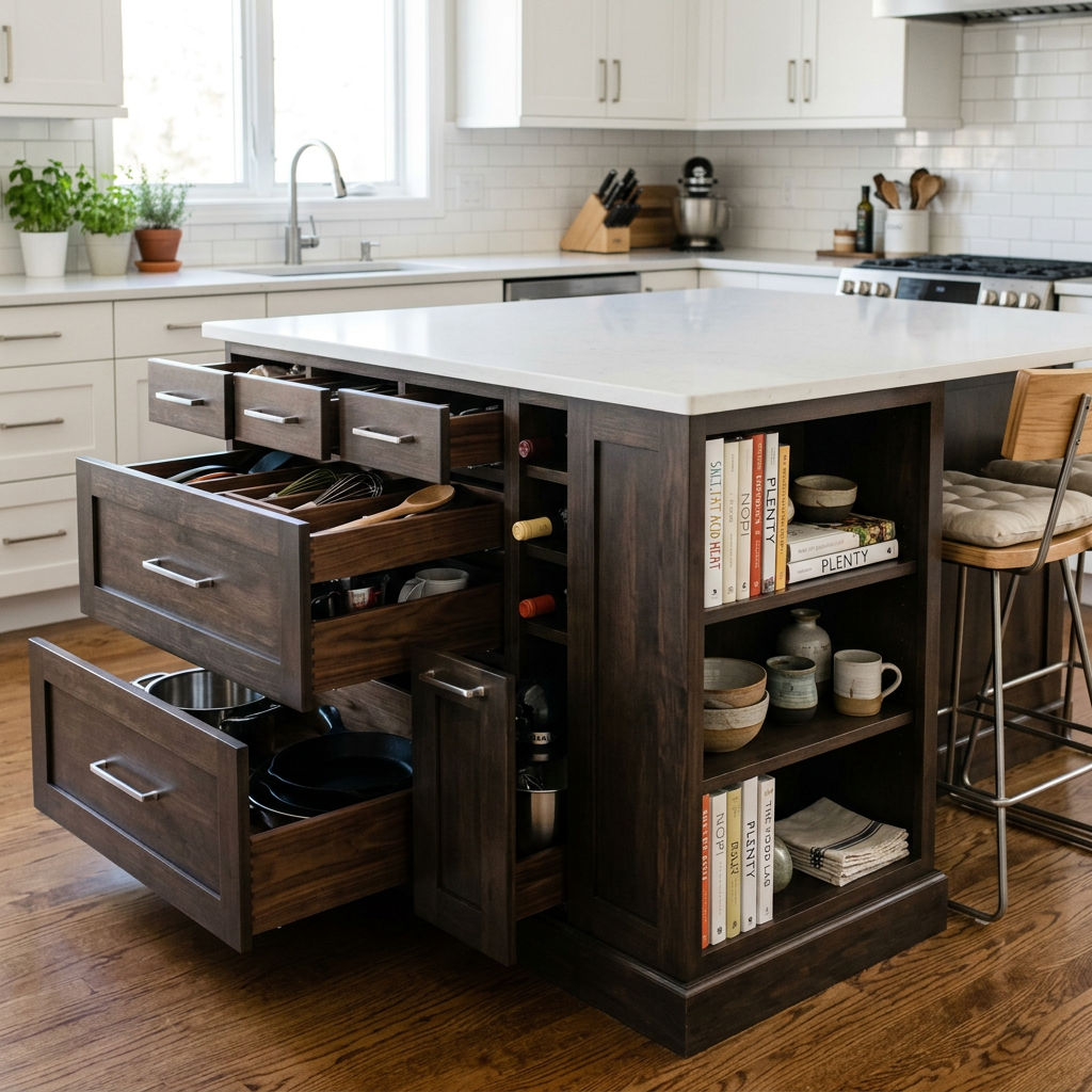 Kitchen island with deep drawers on the working side and open shelving on the seating side — functional kitchen island storage
