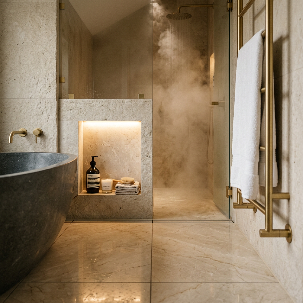 Luxury master bathroom with radiant-heated natural stone floor, heated towel rail, and steam shower
