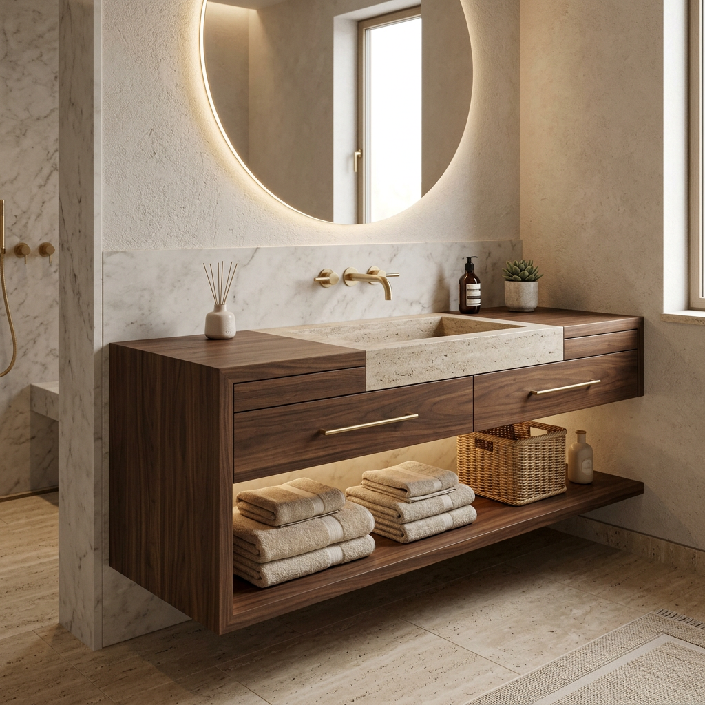 Luxury bathroom vanity designed as furniture — natural stone countertop, hardwood cabinet body, and a perimeter-backlit mirror
