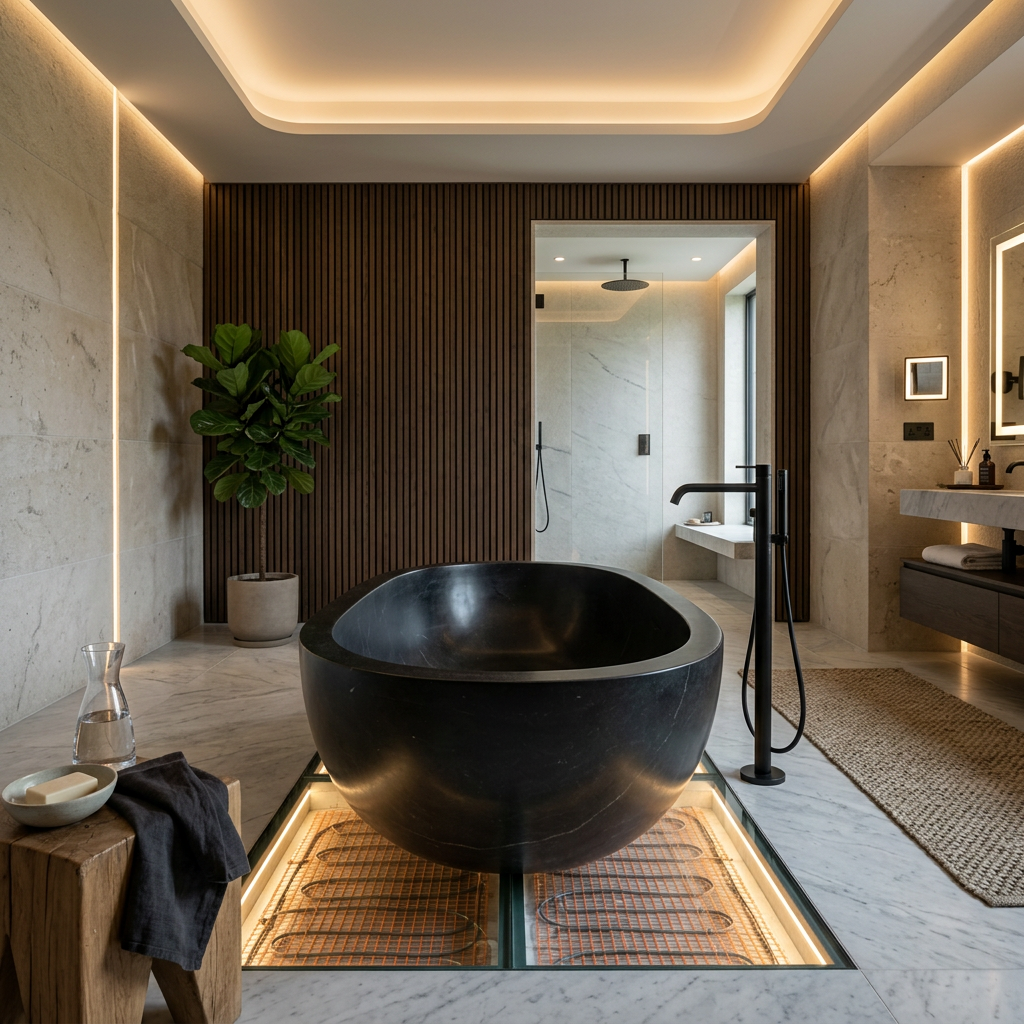 Luxury bathroom with a carved stone freestanding tub as the sculptural centerpiece, positioned with space on all sides