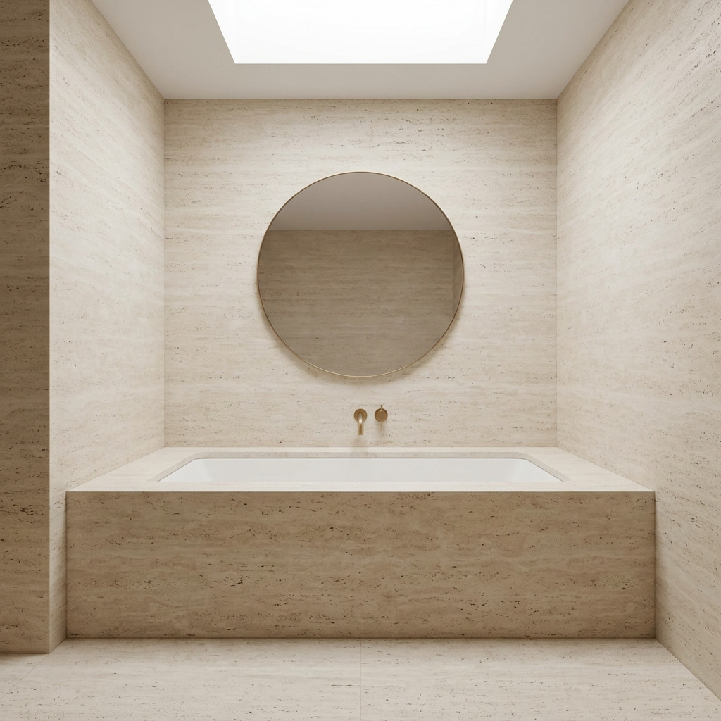 Minimal luxury bathroom with a single stone running continuously from floor to wall to tub surround, surfaces left empty