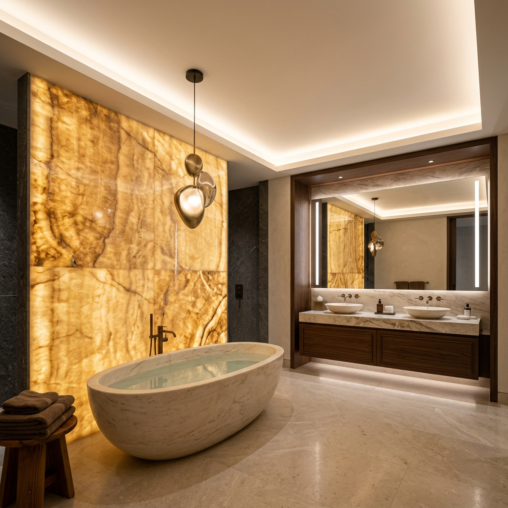 Luxury bathroom interior with concealed cove lighting and a backlit translucent stone panel glowing softly