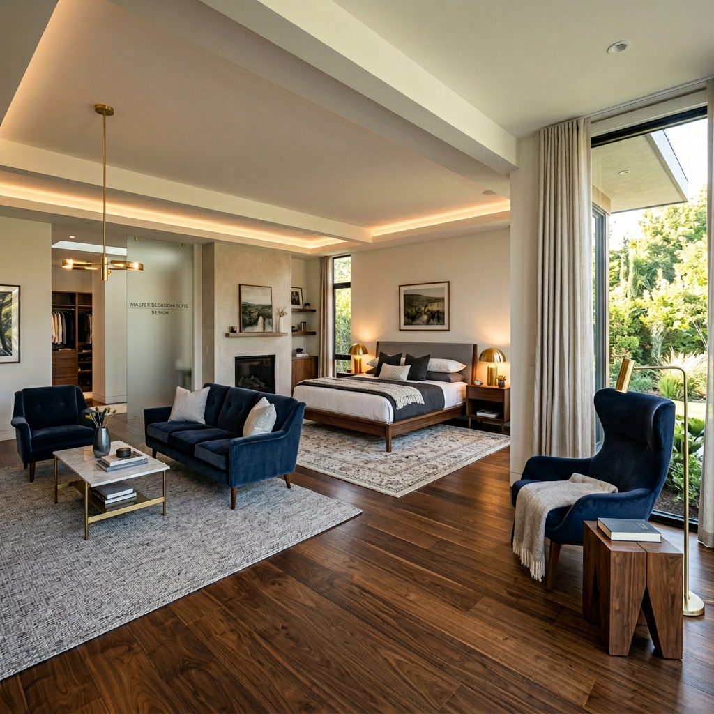 Master bedroom suite design — open plan bedroom with integrated seating area and reading nook, luxury interior design ideas