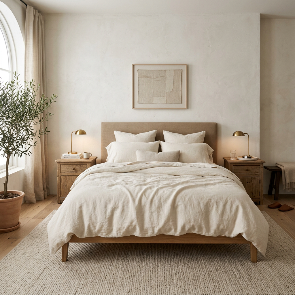 Quiet luxury master bedroom design — neutral palette with linen textures, warm wood tones and brass lighting, interior design inspiration