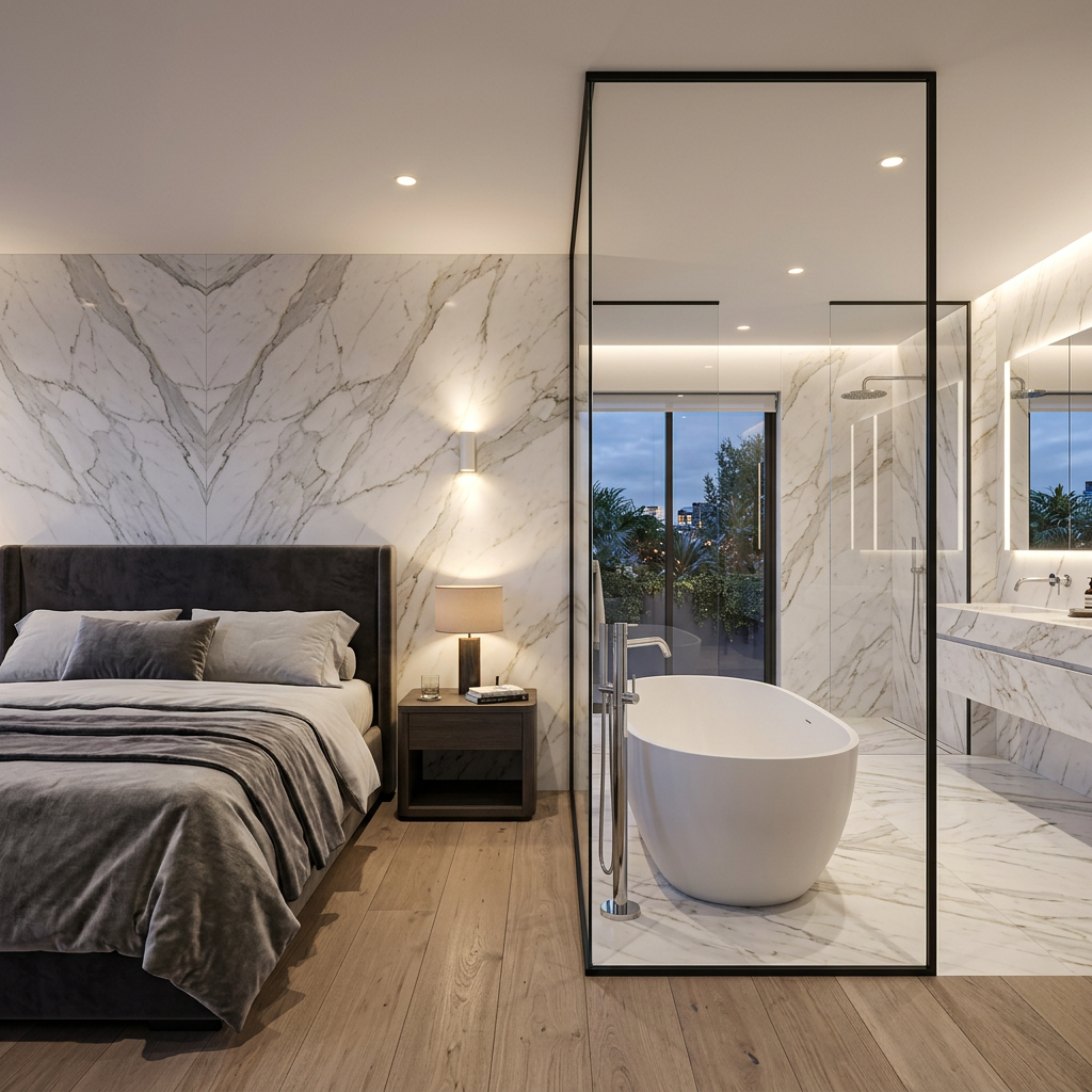 Master bedroom and en suite bathroom design — connected spaces with consistent materials and open plan layout, interior design award project