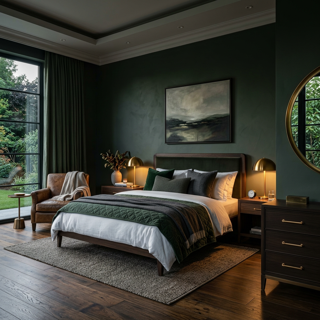 Dark master bedroom design — moody forest green walls with layered warm lighting and rich textures, award-winning bedroom interior design