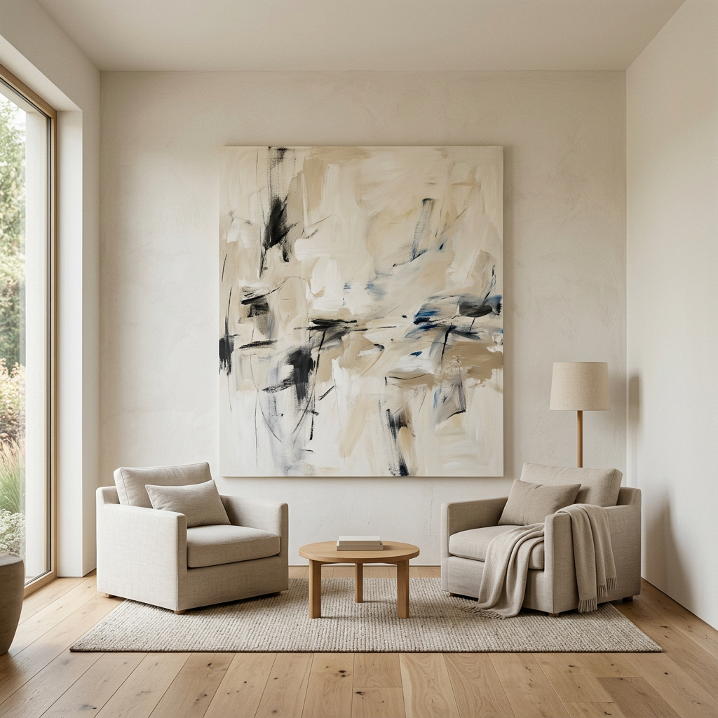 Minimalist room design organized around a single focal point — one large-format artwork on an otherwise quiet, recessive wall