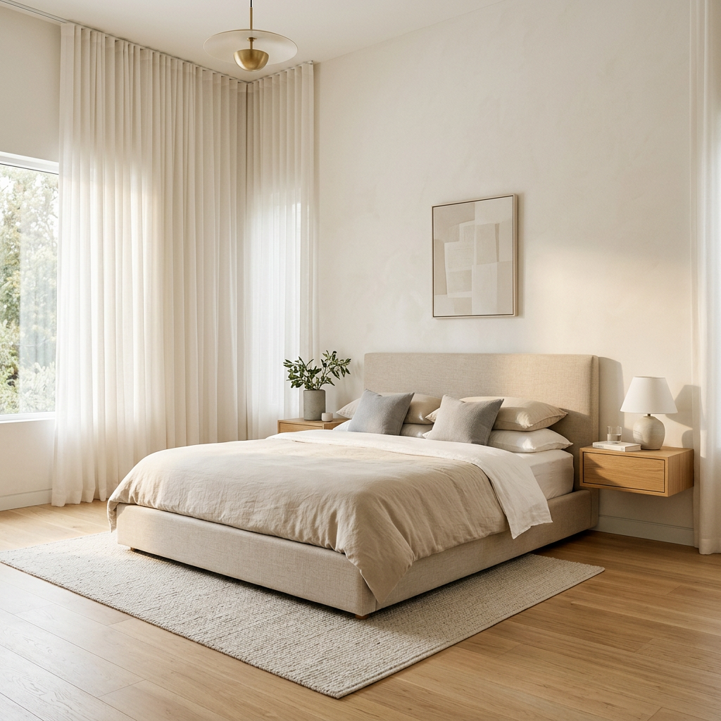 Minimalist room design showing careful proportion — a low sofa, scaled coffee table and generous negative space around the furniture