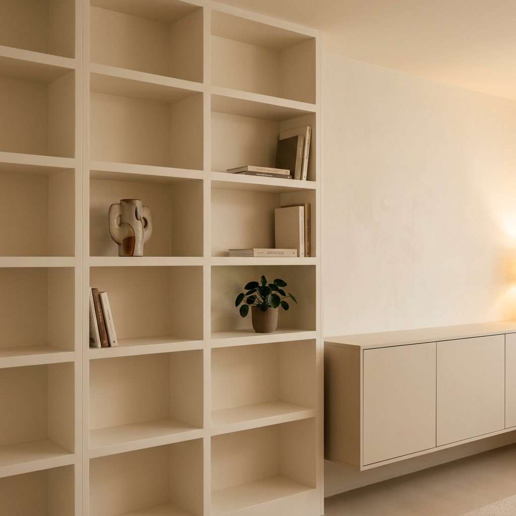 Minimalist decor idea using integrated storage — floor-to-ceiling handleless joinery that keeps surfaces clear and hides clutter