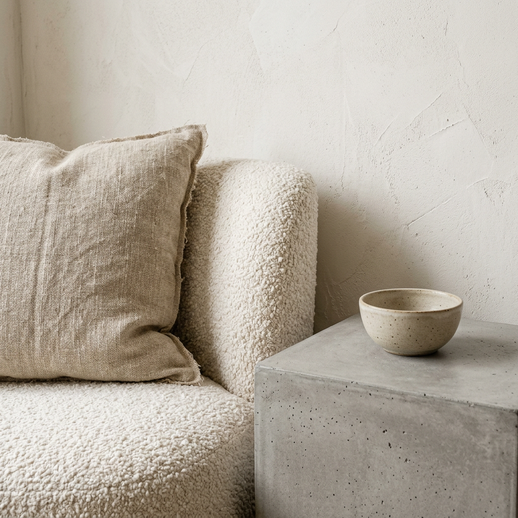 Warm minimalist interior style with layered textures — rough linen, hand-troweled plaster and polished oak in a restricted neutral palette
