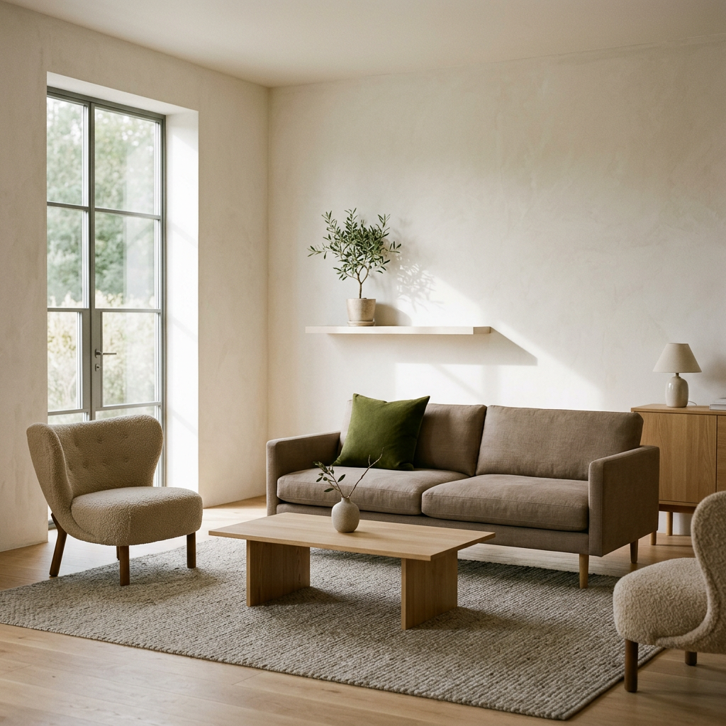 Minimalist home design in a warm neutral palette with a single deep olive accent through a cushion and ceramic piece