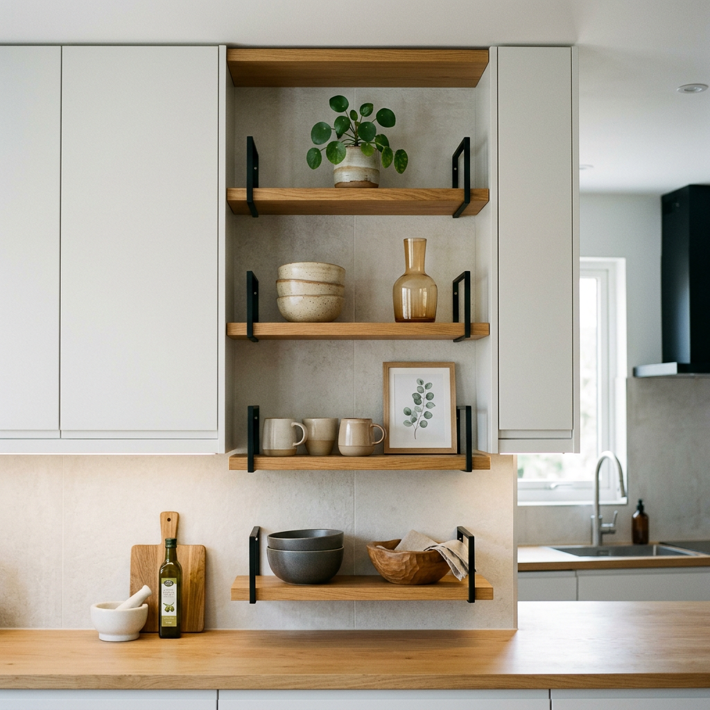 Modern kitchen with one section of styled open shelving between closed cabinets — edited display, not clutter