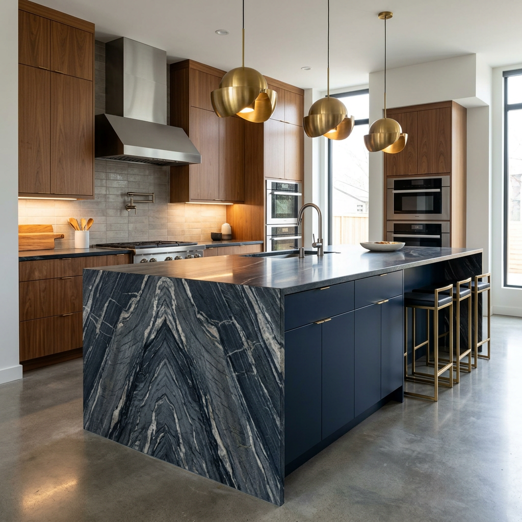 Modern kitchen island with a waterfall stone countertop and bookmatched veining as the room's focal point — modern kitchen interior