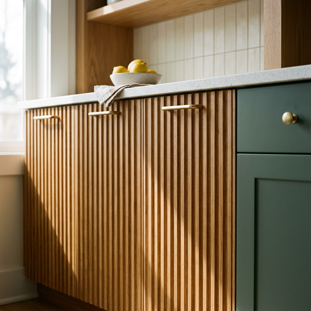 Modern kitchen island with fluted, reeded cabinet fronts casting vertical shadow lines — modern kitchen decor texture