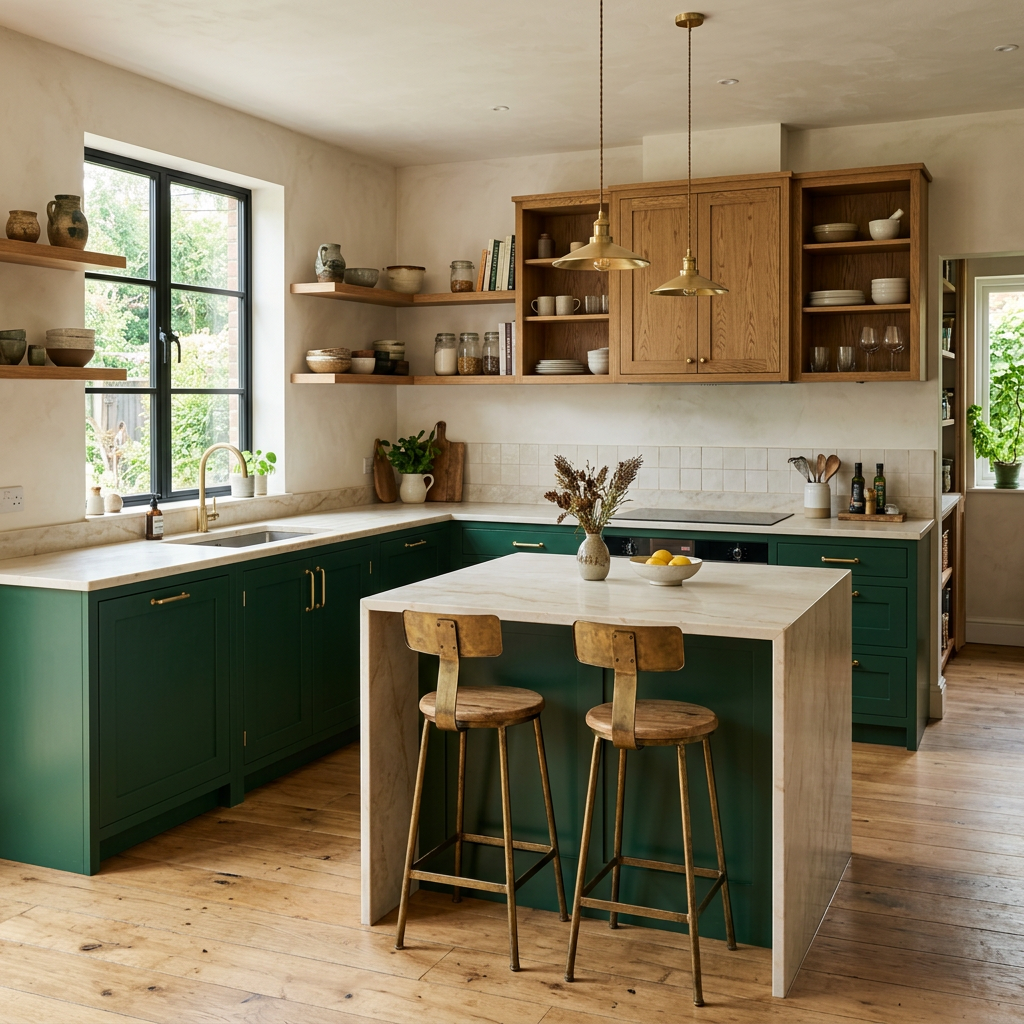 Modern kitchen with a deep forest green lower run balanced by warm oak uppers — one confident cabinet color