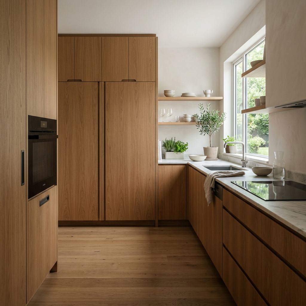 Modern kitchen with a fully integrated refrigerator and dishwasher behind matching cabinet panels — contemporary kitchen ideas