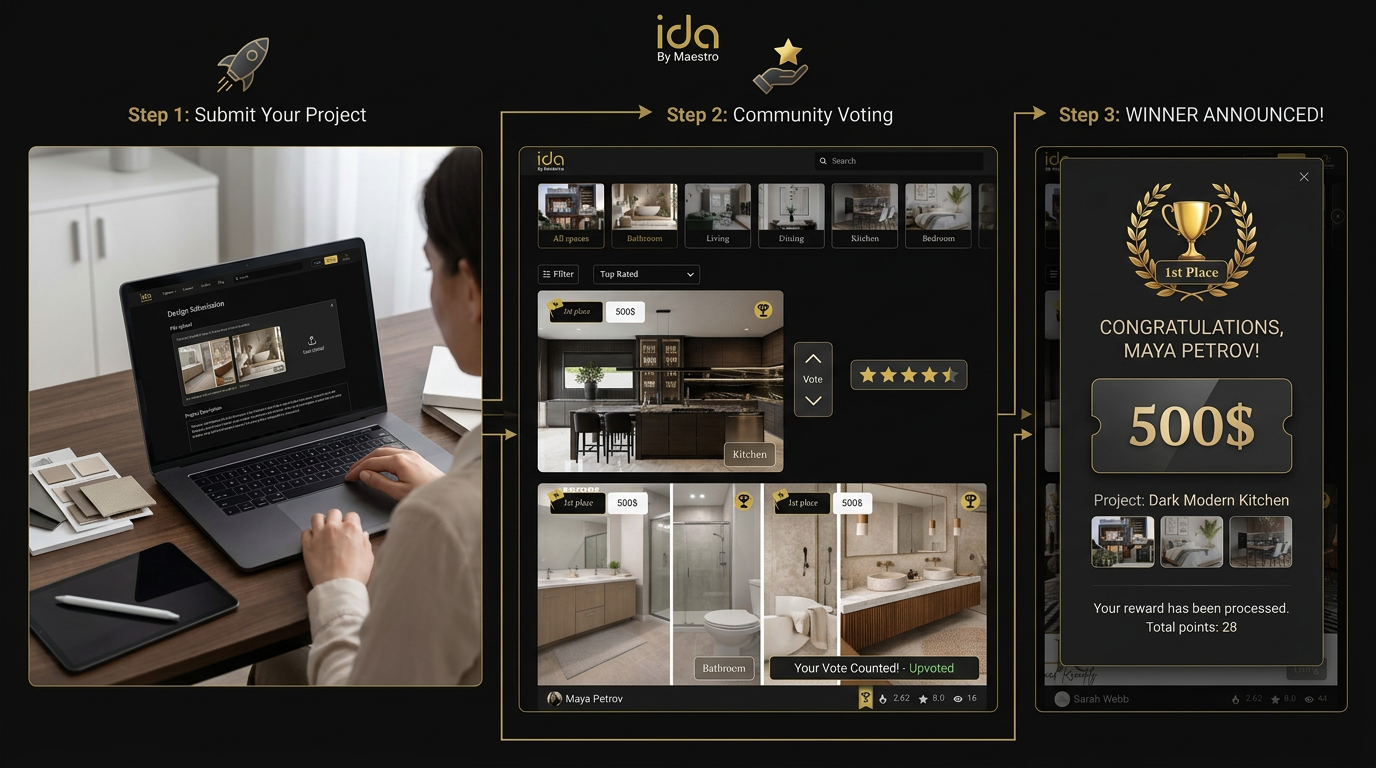 How online interior design competitions work — room projects submitted digitally and voted on by a global design community