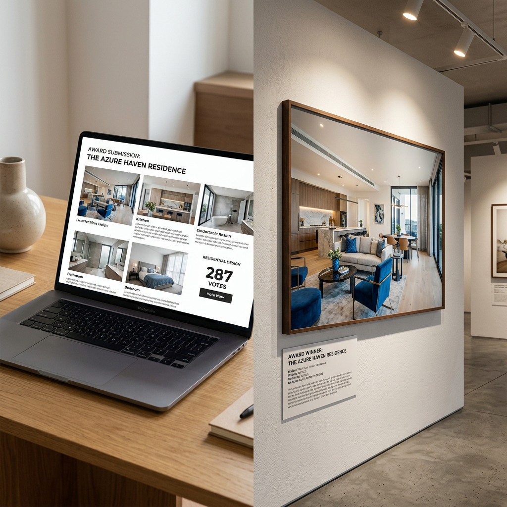 Online vs in-person interior design competitions — global digital reach, monthly cycles and no entry fees
