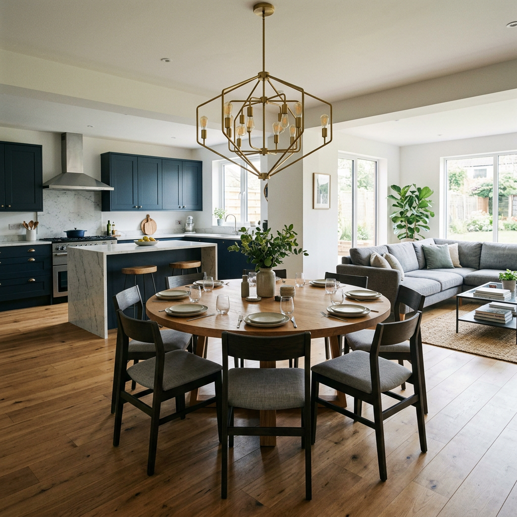 Open concept dining zone with a round table under a pendant light bridging the kitchen and living areas — open concept kitchen ideas