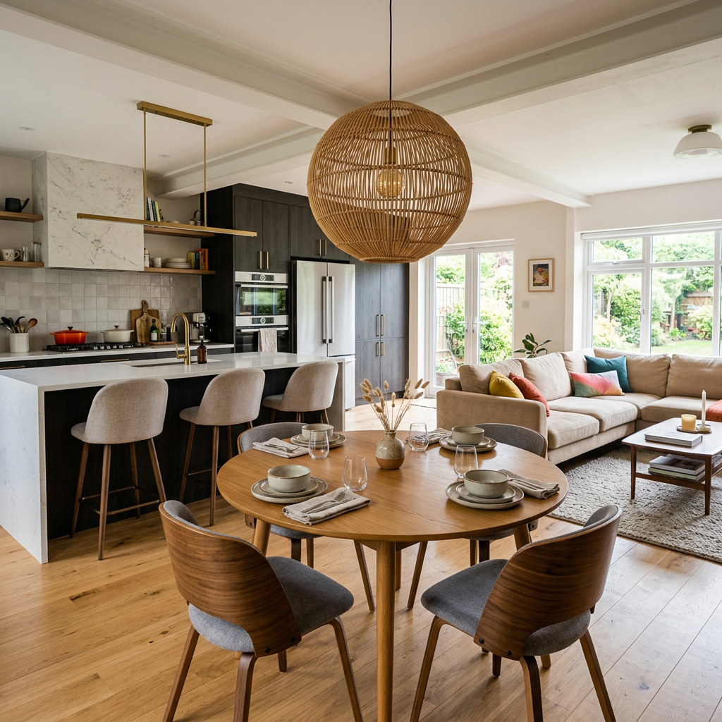 Open concept kitchen and living room sharing a wood tone and stone across both zones — open kitchen living room ideas
