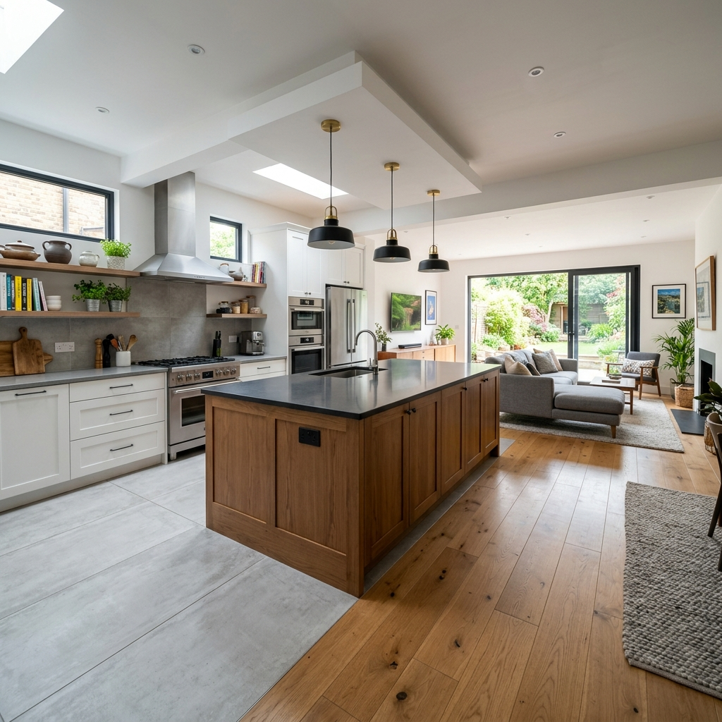 Substantial open concept kitchen island with a clean living-facing facade and waterfall countertop — open plan kitchen ideas