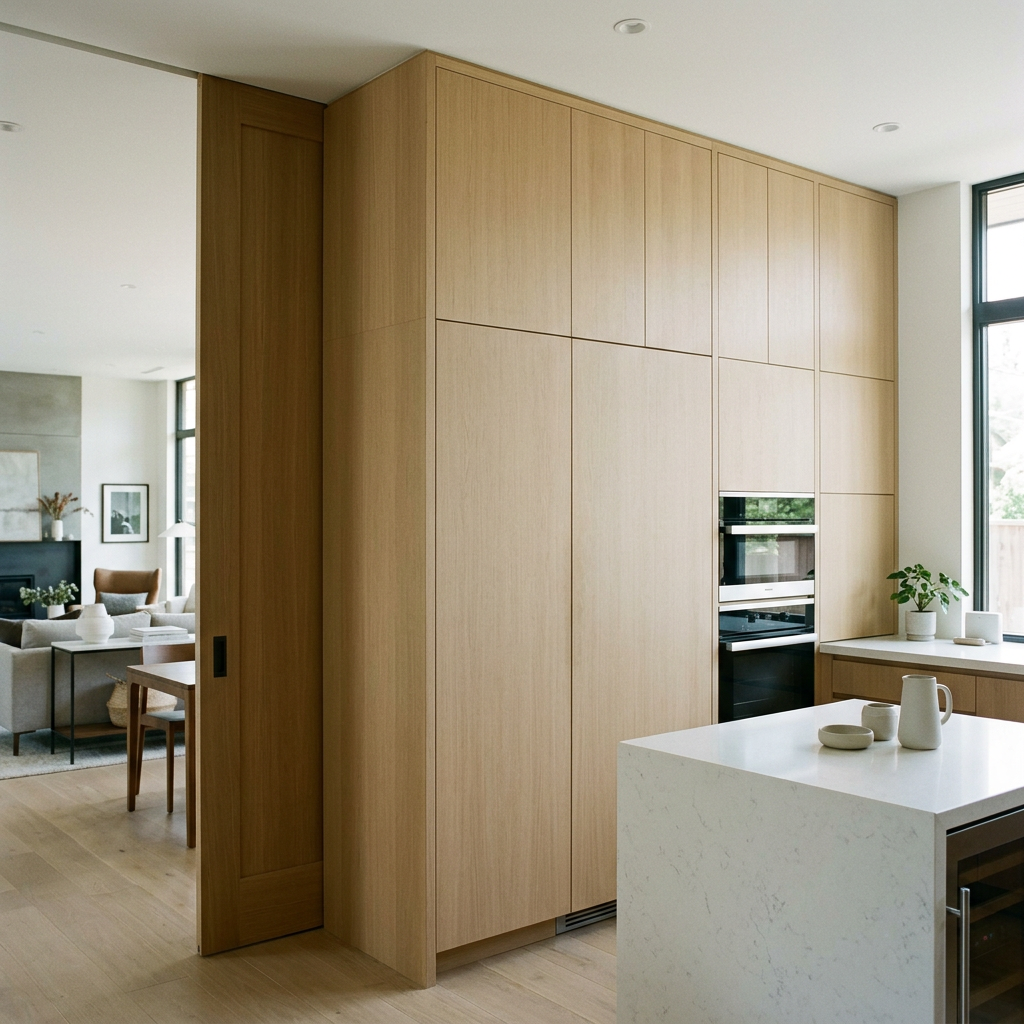 Open concept kitchen with a floor-to-ceiling appliance wall concealing the fridge and pantry behind matching panels — open concept kitchen design