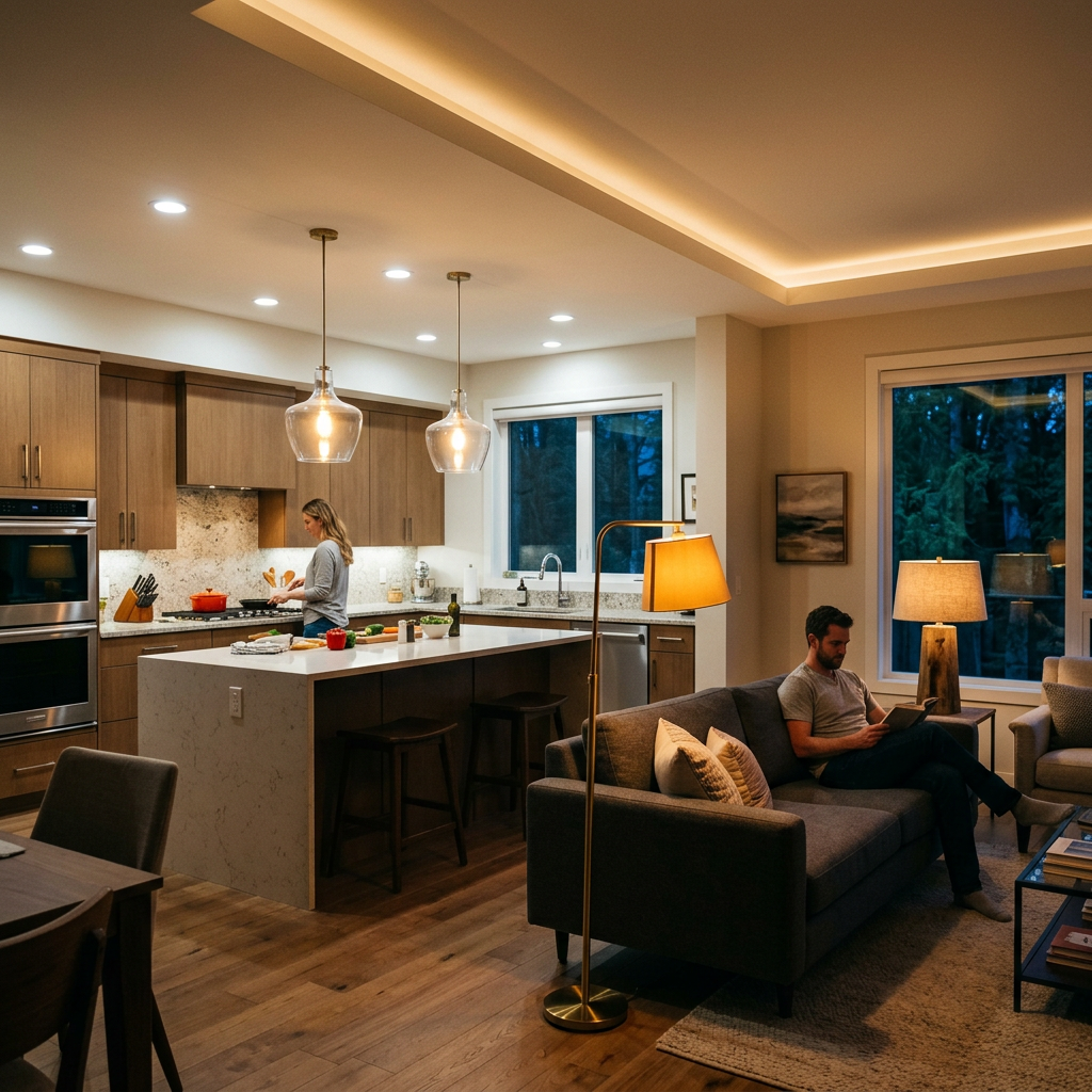 Open concept kitchen and living area on separate lighting circuits — bright task light over the island, warm low light in the living zone
