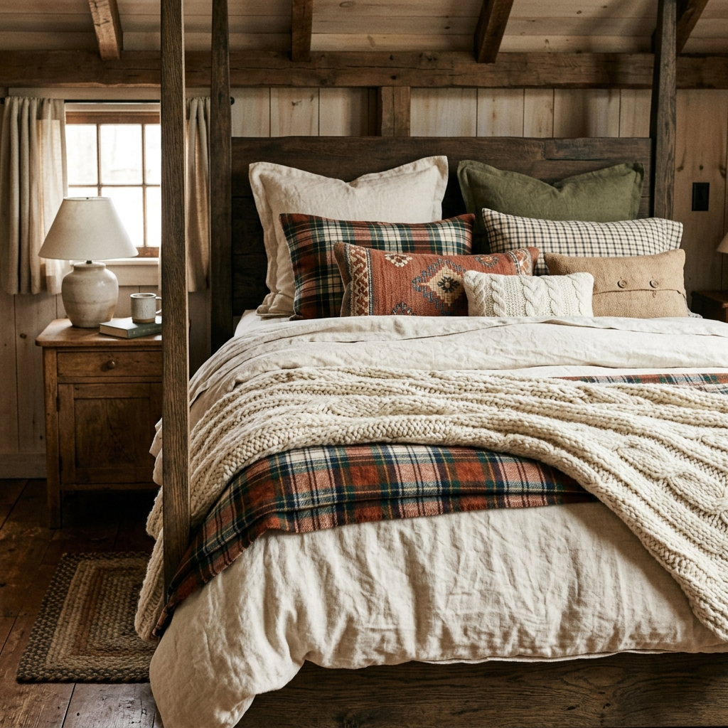 Rustic bedroom textiles — layered linen duvet, chunky knit throw and plaid blanket creating warm cozy farmhouse bedroom look