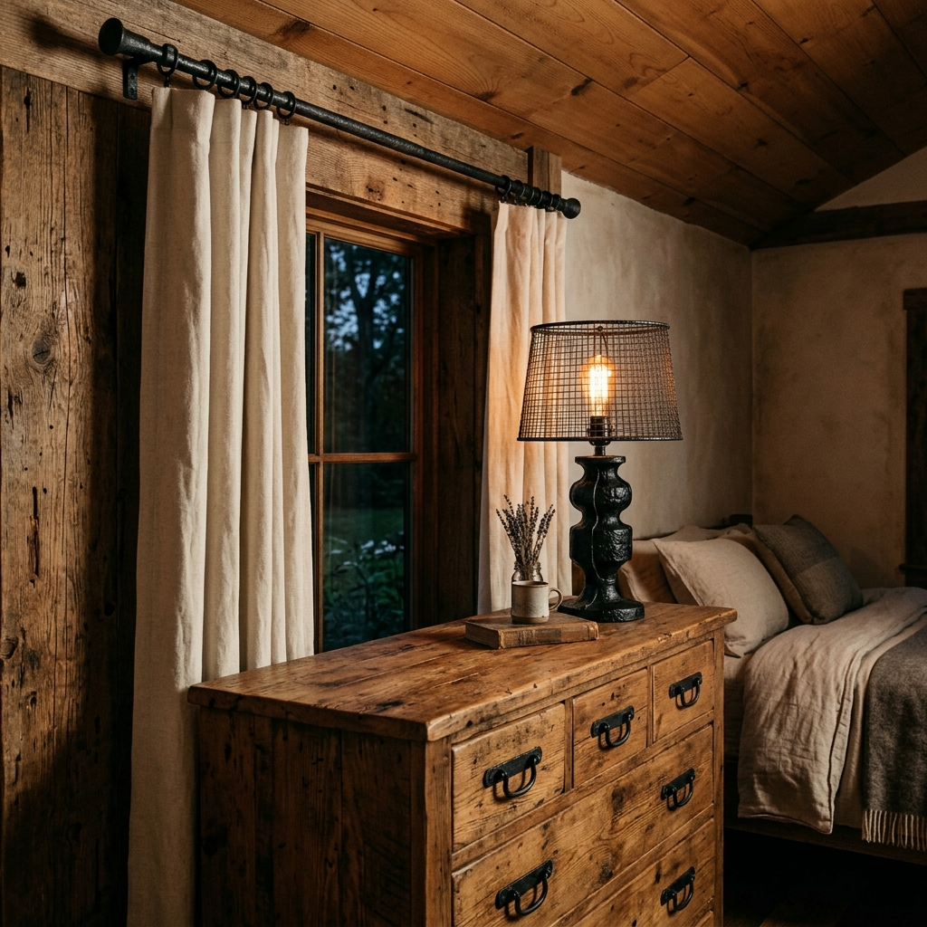 Rustic bedroom metal details — wrought iron curtain rod and matte black hardware adding industrial farmhouse contrast to rustic bedroom