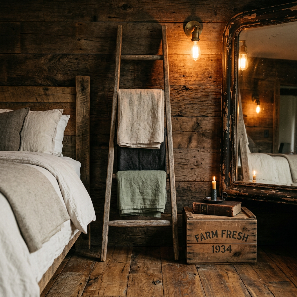 Rustic bedroom vintage decor — old wooden ladder used as blanket rack and antique mirror adding authentic vintage character to farmhouse bedroom