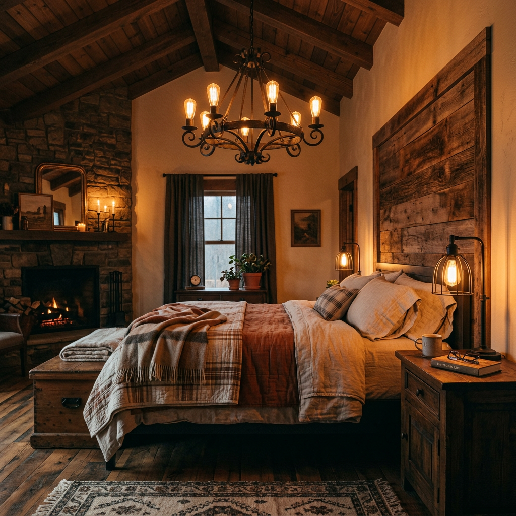 Rustic bedroom lighting — Edison bulb table lamps and wrought iron pendant light creating warm amber glow in farmhouse bedroom