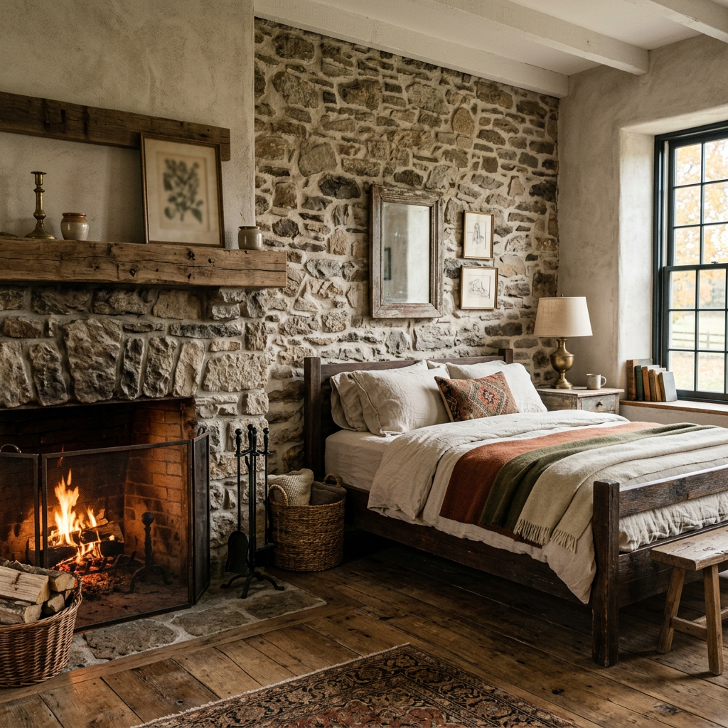 Rustic bedroom stone wall — natural stone accent wall or brick fireplace in farmhouse bedroom adding texture and earthy warmth