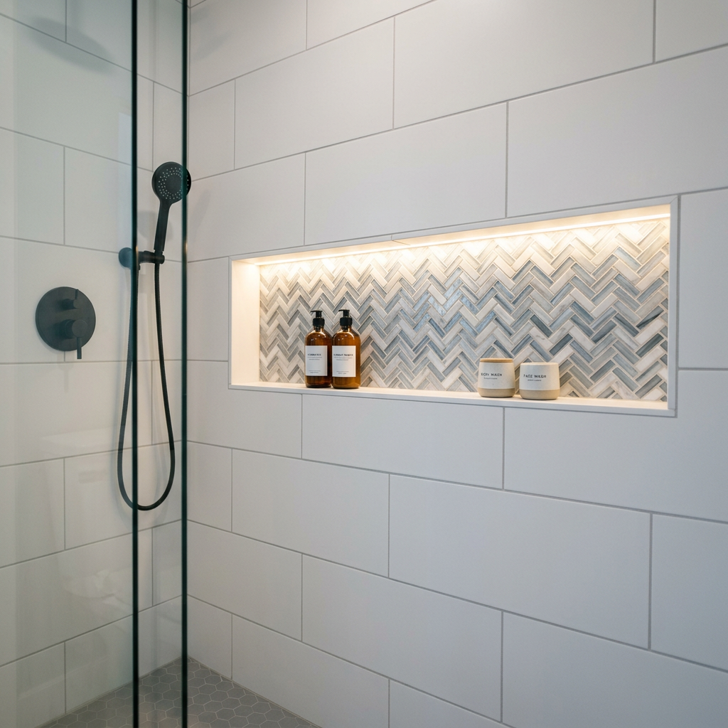 Small shower with a recessed tiled niche at chest height replacing a shower caddy — small bathroom transformation detail