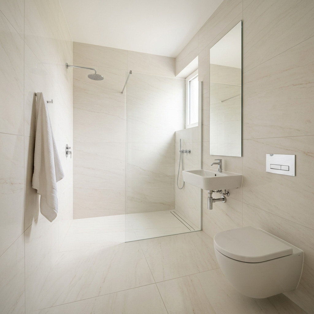 Small bathroom tiled floor to ceiling in one large-format warm neutral tile with no borders — small bathroom renovation ideas
