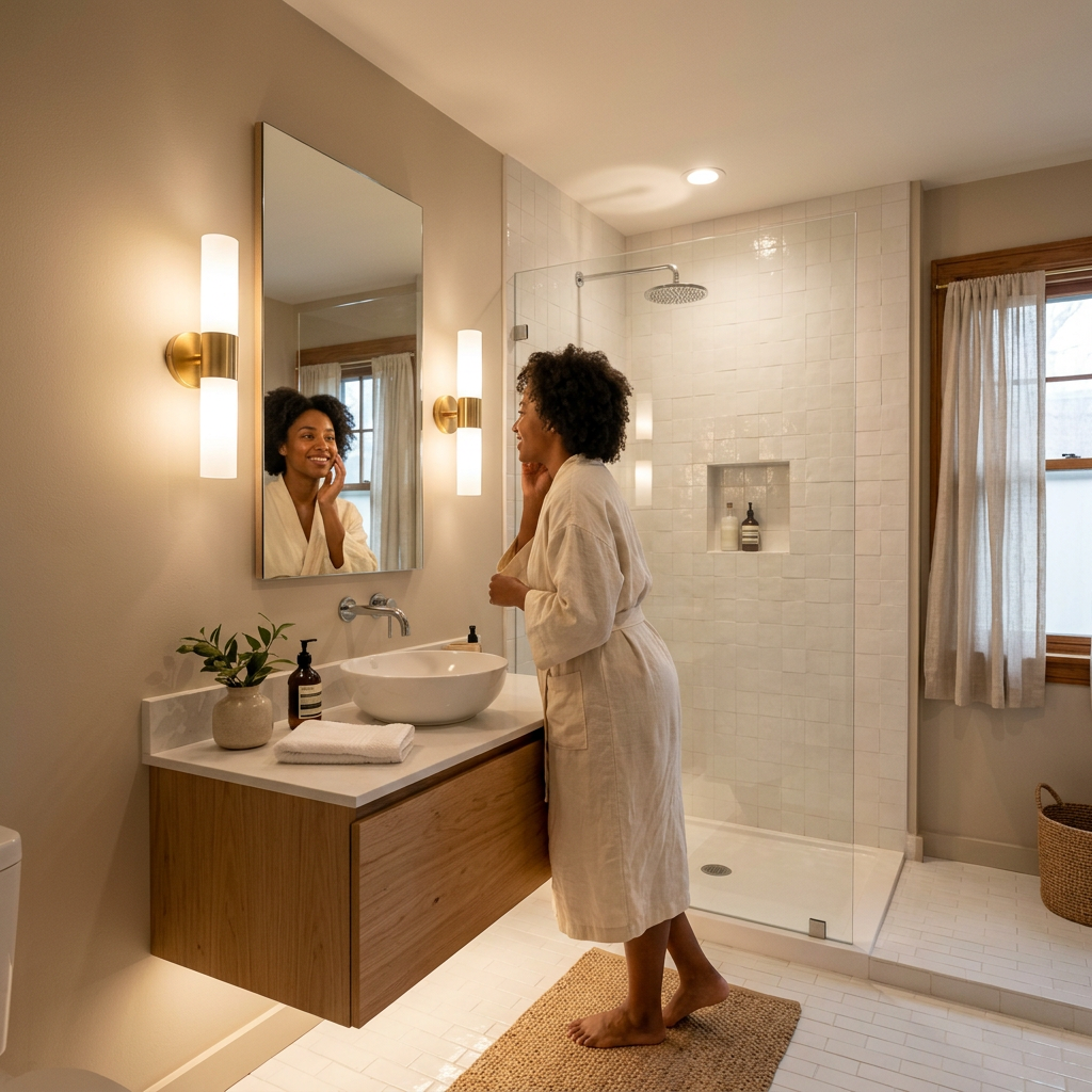 Small bathroom with layered lighting — side-mounted sconces at face height flanking the mirror plus ambient and accent sources