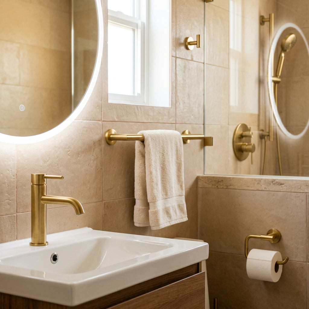 Small bathroom with matching matte black hardware across faucet, towel bar, hooks and shower fixtures — small bathroom remodel on a budget