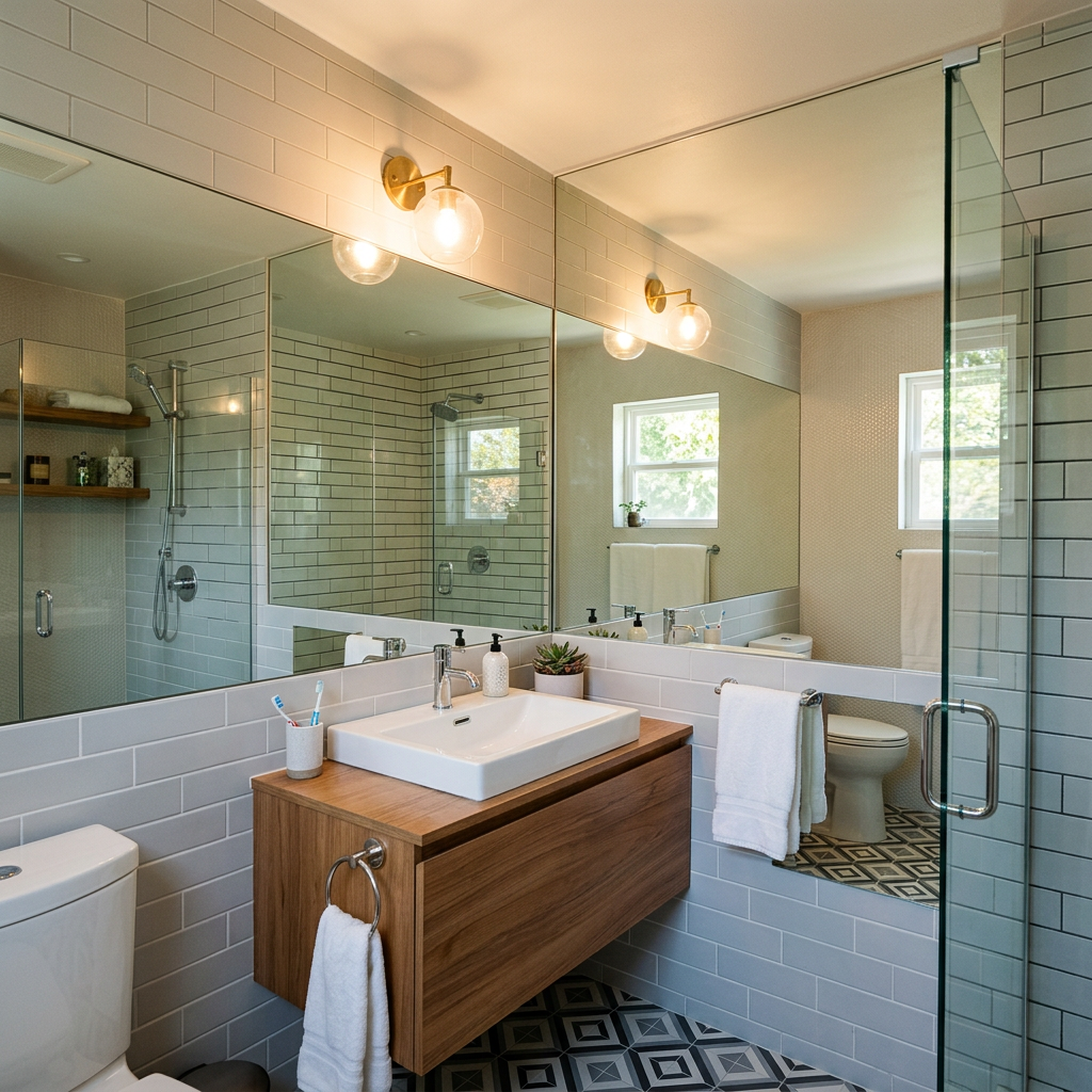 Small bathroom with a full-width mirror spanning the vanity wall, doubling the perceived depth — small bathroom makeover