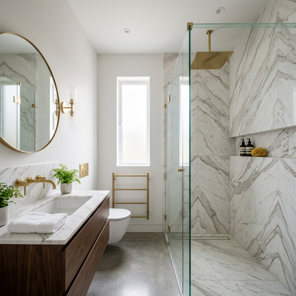 Small bathroom with floor-to-ceiling tile and full-height frameless glass, topped by a ceiling-mounted rain head shower