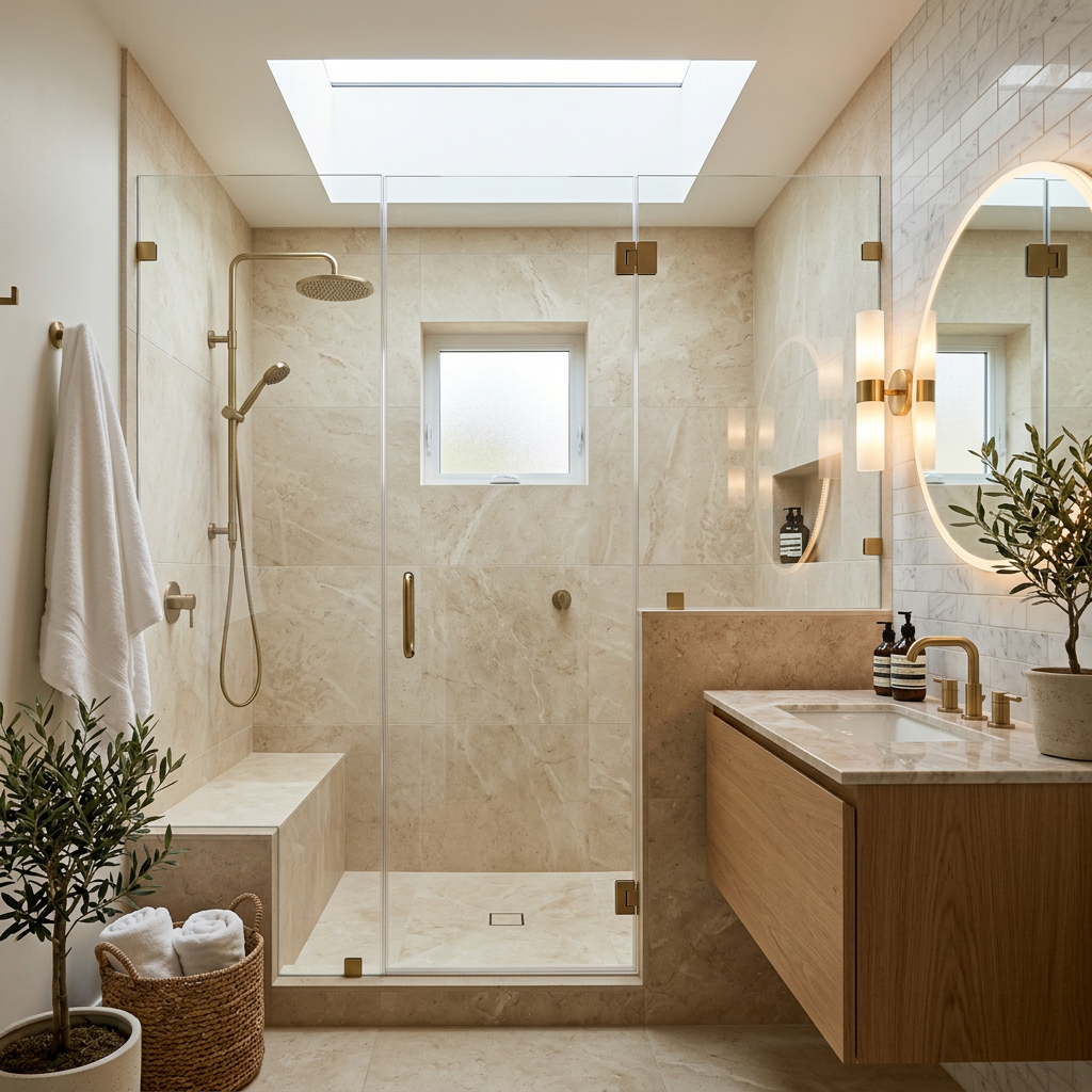 Small bathroom walk-in shower filled with natural light from a skylight above, feeling generous despite its size