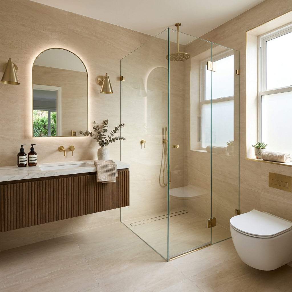 Small bathroom with the same large format light tile running continuously from the floor into a curbless walk-in shower