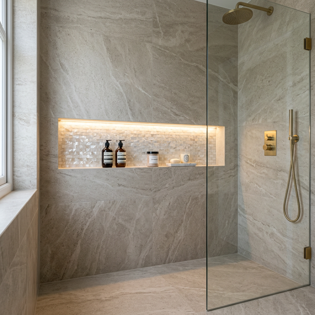 Recessed shower niche tiled flush with the wall, backlit with a thin LED strip, keeping the walk-in shower uncluttered