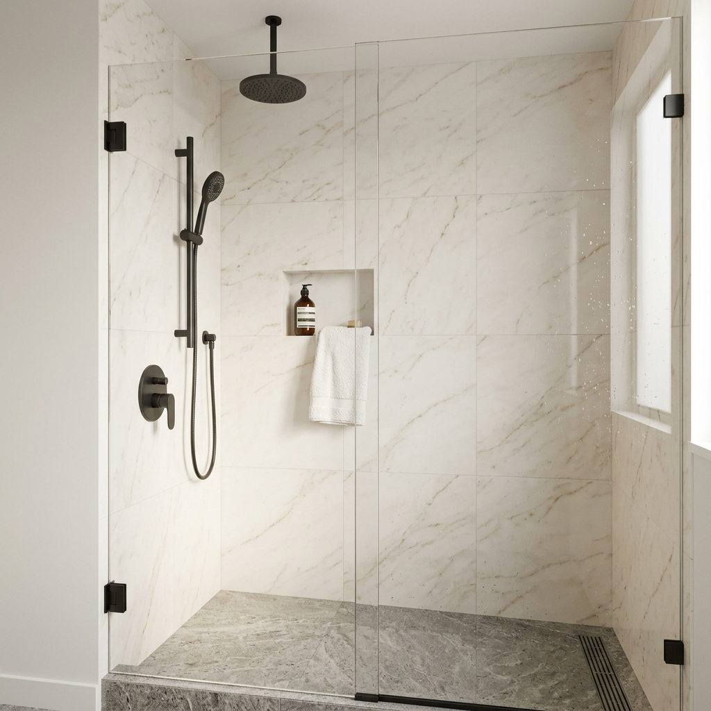 Walk-in shower with valve, fixed rain head, and handheld on a slide bar all on one wall in a single matte finish