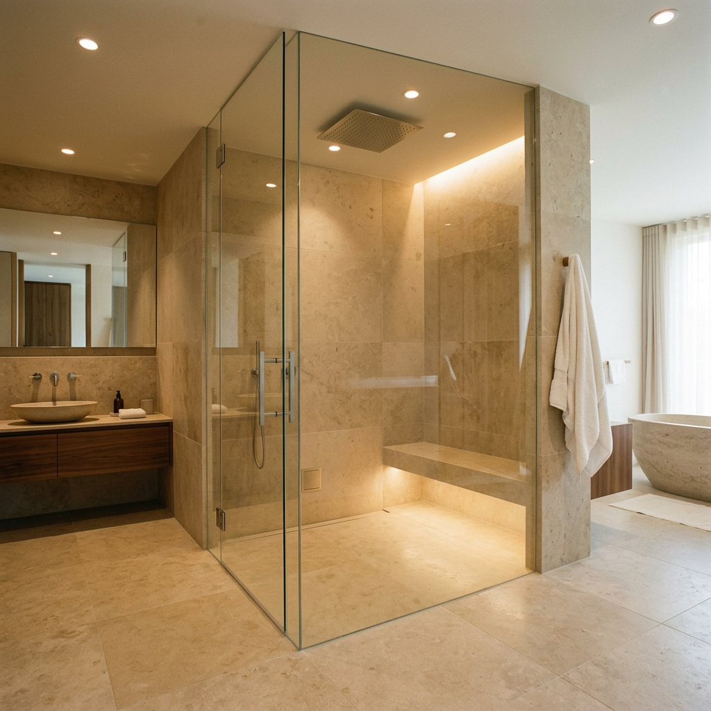 Frameless steam shower clad in the same stone as the bathroom with a concealed generator and ceiling rain head — spa like bathroom design